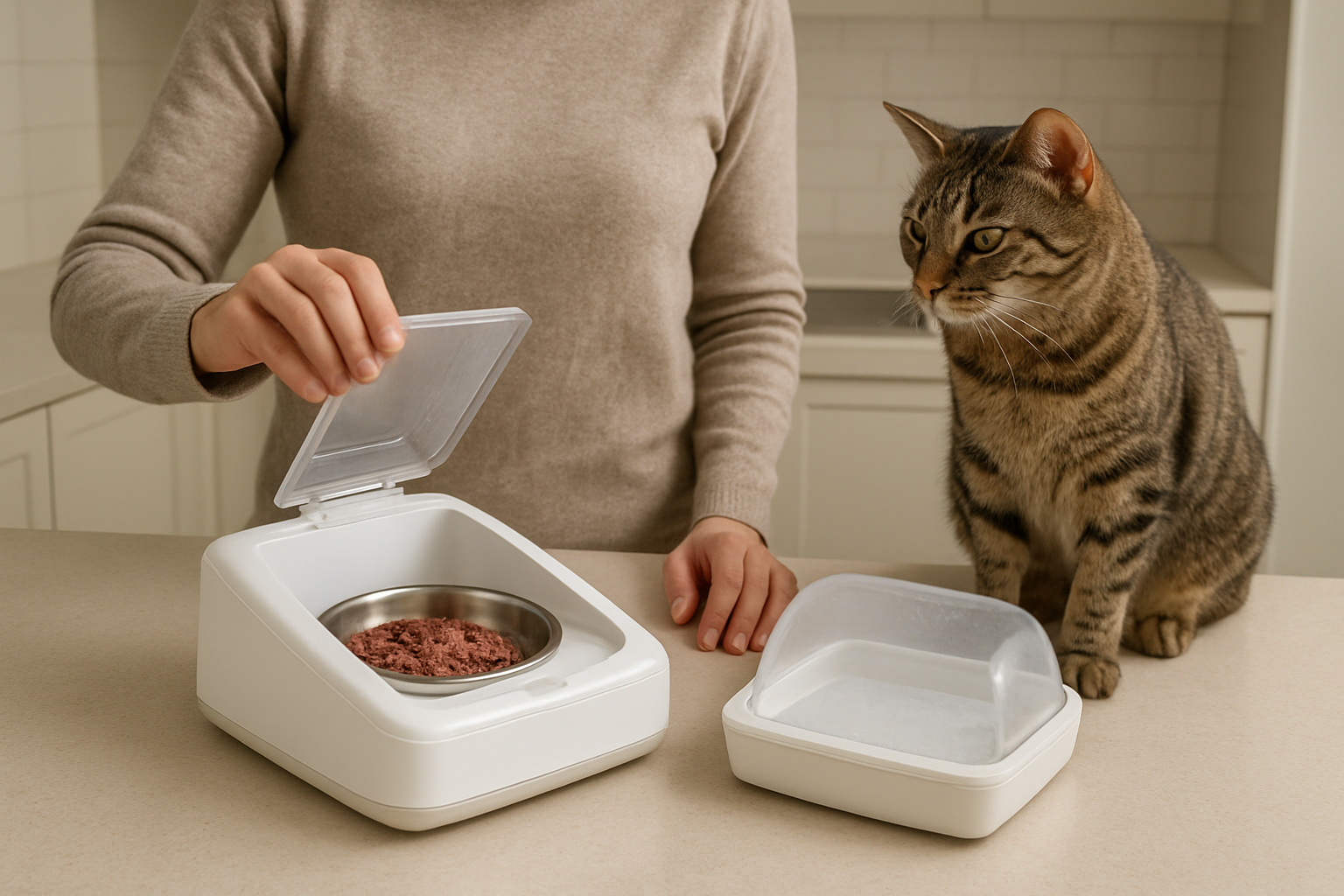 A cat owner comparing automatic feeders designed for wet food
