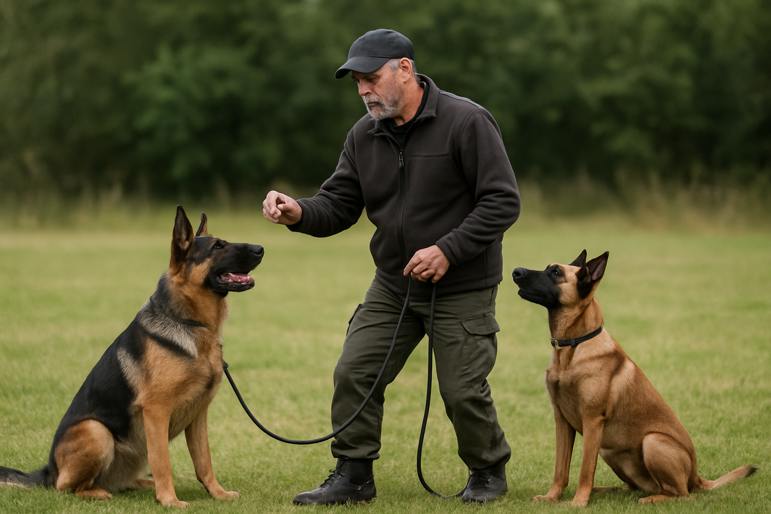 A handler training a German Shepherd and Belgian Malinois outdoors