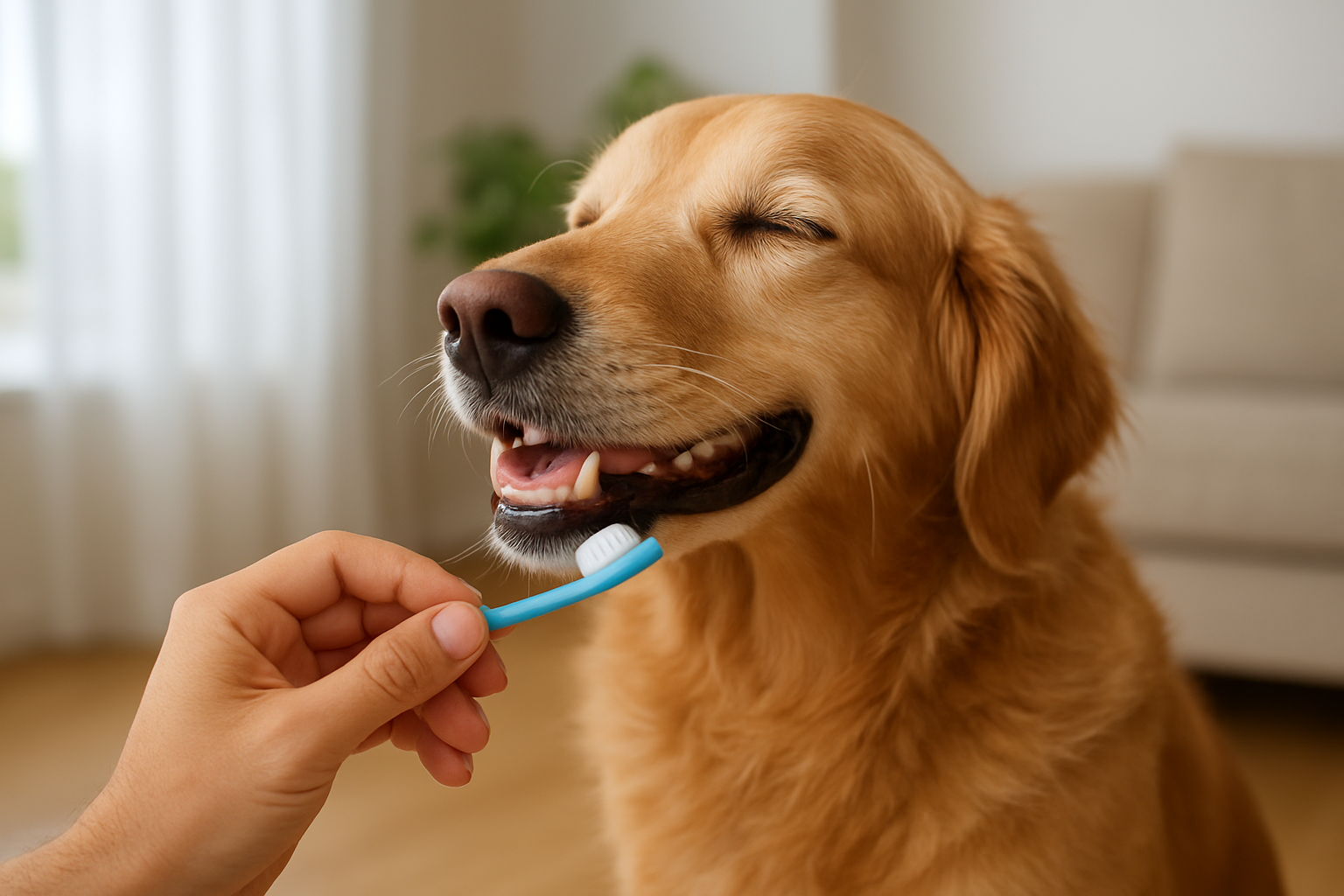 Owner gently brushing a dog’s teeth at home