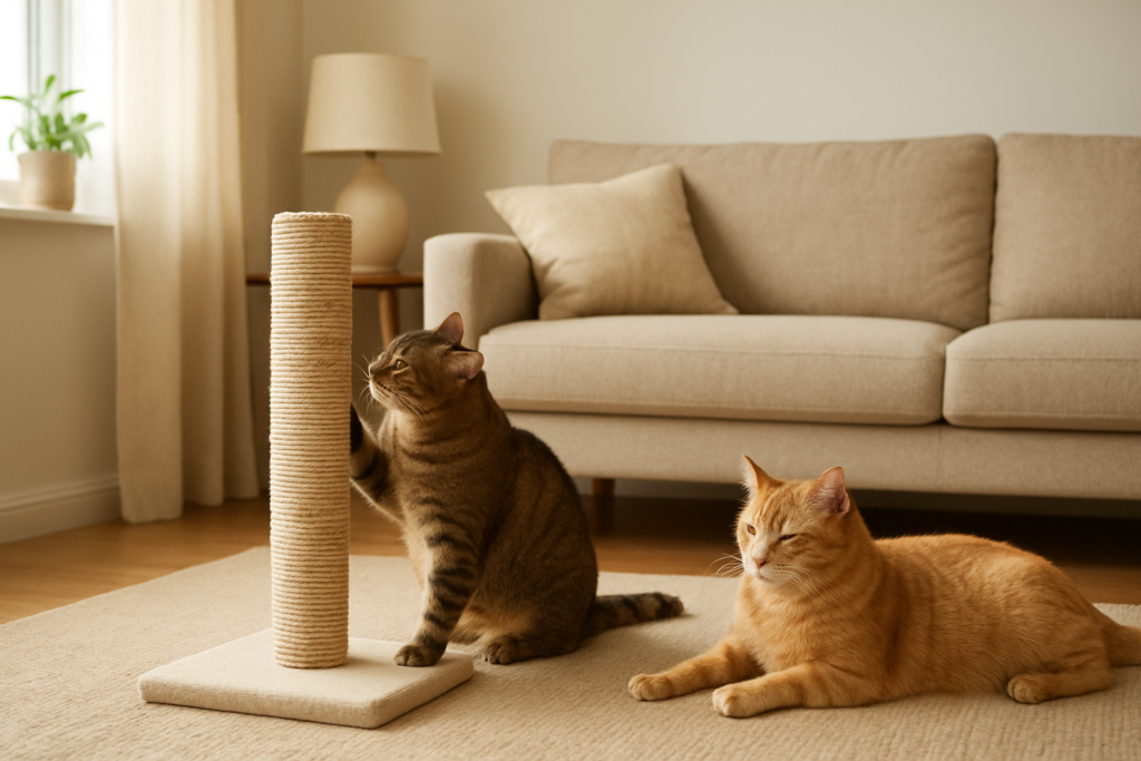 Cat parent comparing a tall and horizontal scratching post while a cat watches