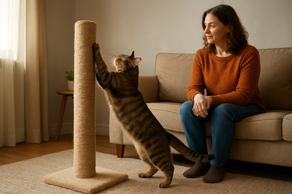 Cat stretching fully on a tall scratching post beside a sofa