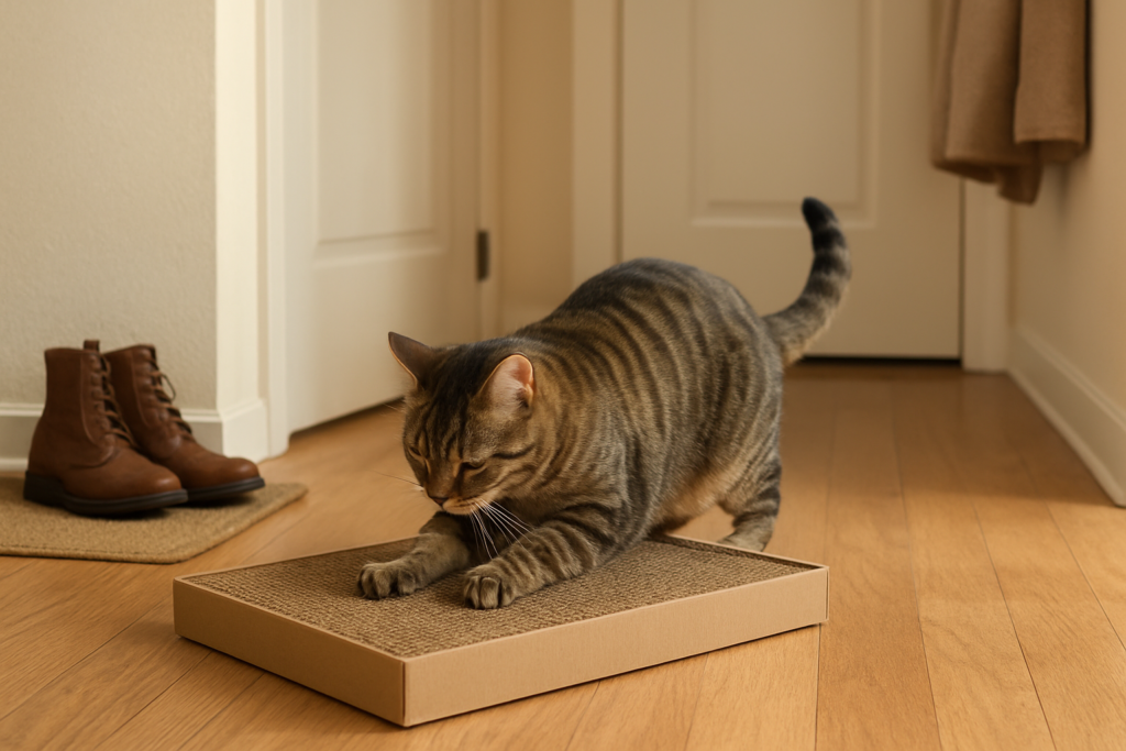 Cat using a stable horizontal scratching board in an apartment entryway
