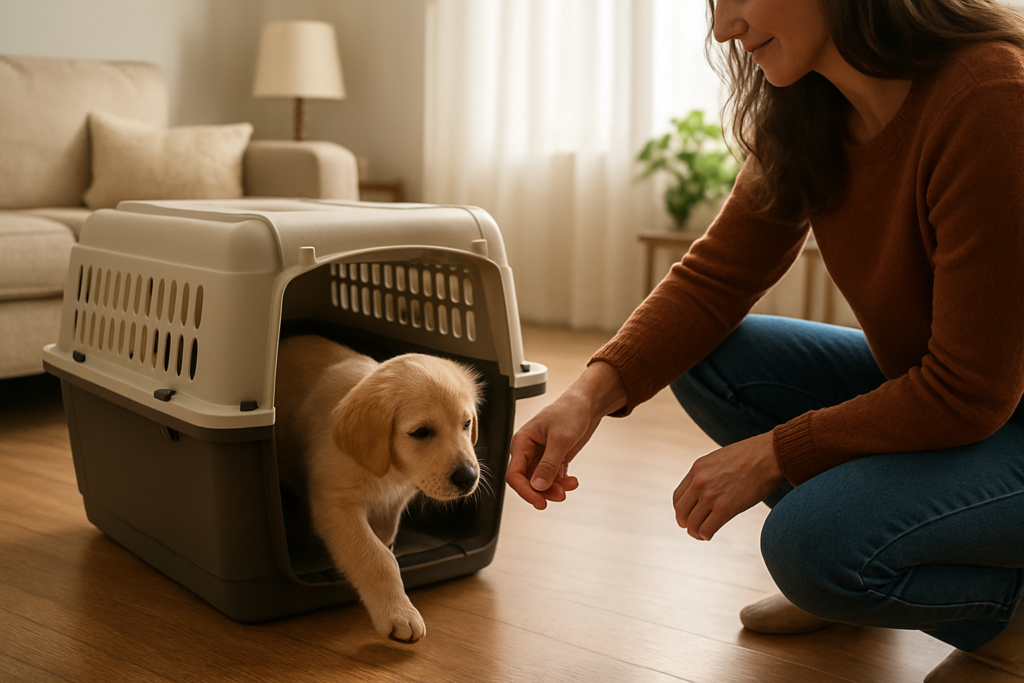 Owner rewarding a puppy for entering an open crate during daytime practice