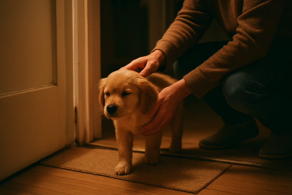 Owner calmly returning a puppy indoors after a nighttime toilet break