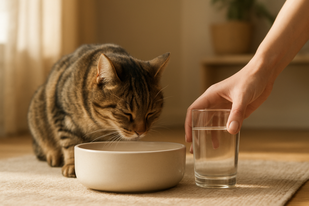 Relaxed cat drinking fresh water from a wide bowl in a calm home