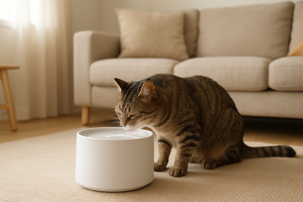 Cat calmly drinking from a clean water fountain in a quiet living room