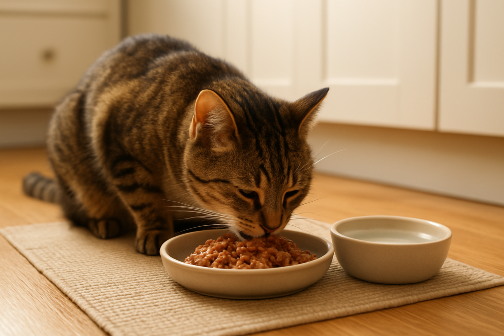 Cat eating moist food with a plain water bowl nearby at home
