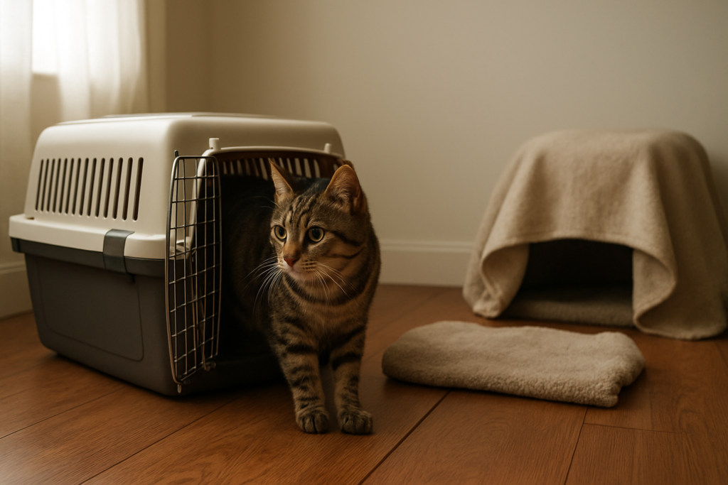 A newly adopted cat choosing to step out of an open carrier into a quiet prepared room