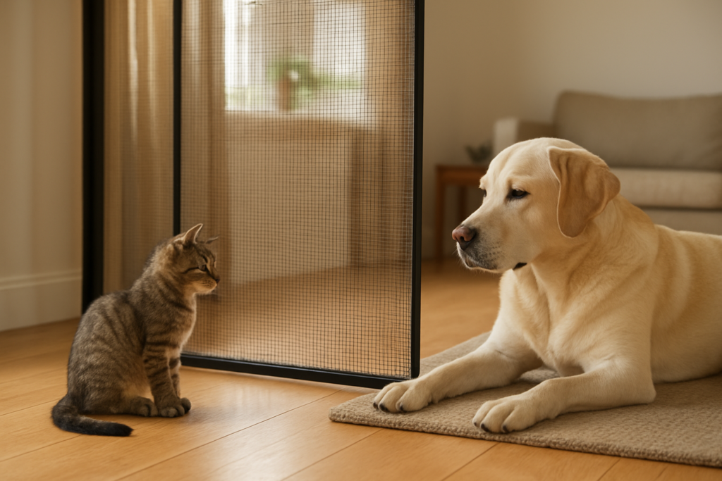 A new cat and calm resident dog observing each other from a safe distance through a secure mesh divider