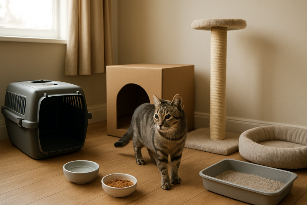 A newly adopted cat exploring a quiet starter room with an open carrier, covered hiding place, scratching post, and separate feeding and litter areas