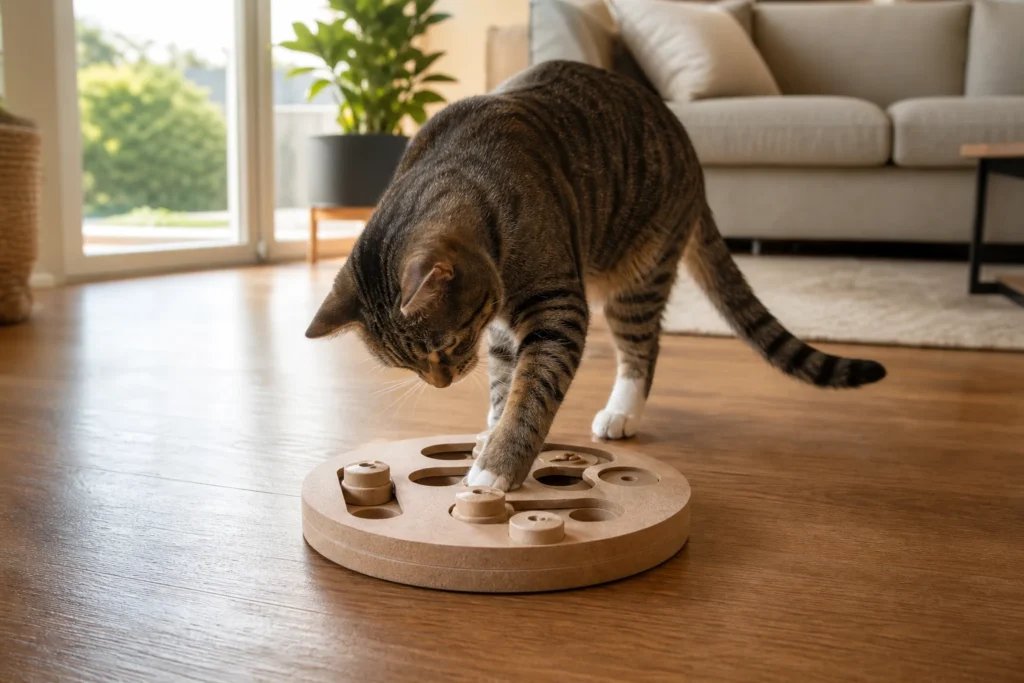 An indoor cat using a simple unbranded food puzzle on a clear floor