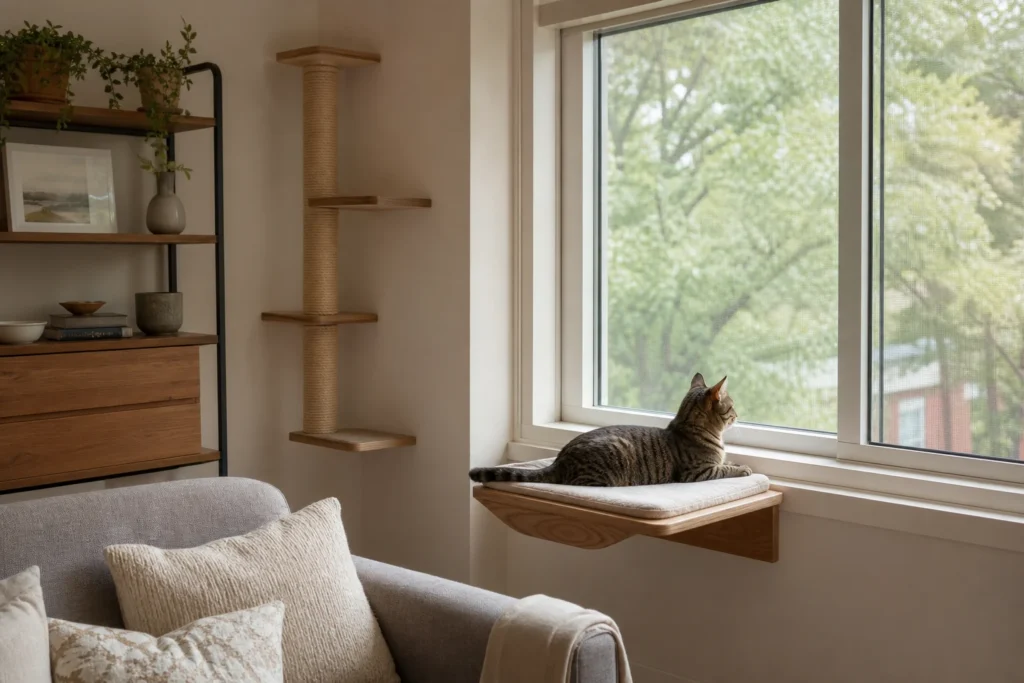 An indoor cat using a stable window perch and vertical climbing area