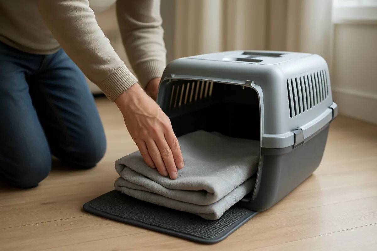 Preparing a nonslip and familiar bedding layer inside a cat carrier