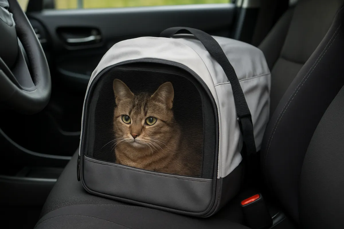 A partially covered cat carrier secured safely in a vehicle
