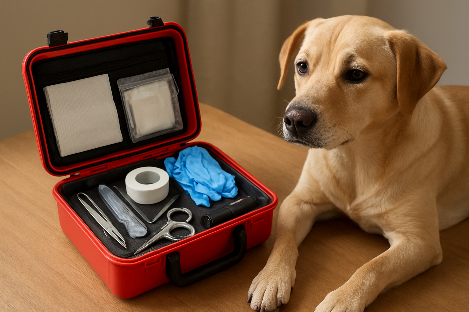 Dog-friendly first-aid kit with basic wound-care supplies beside a calm dog