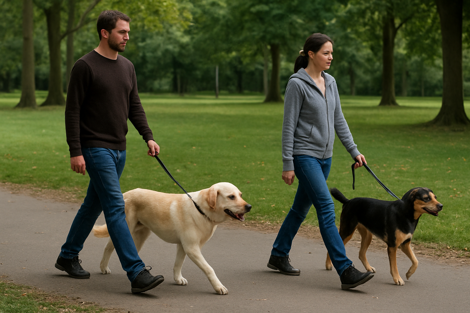 Two dogs calmly walking in parallel during a controlled introduction