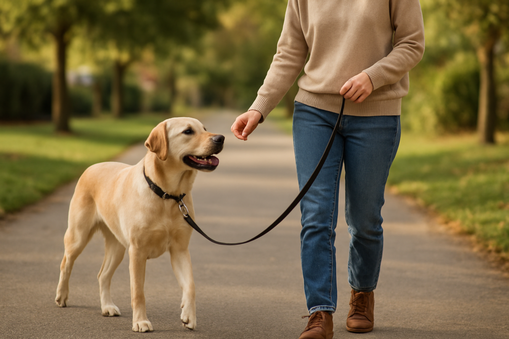 Dog walking calmly beside a person on a loose leash during reward-based training