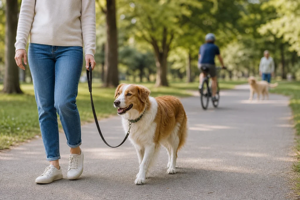 A relaxed dog walking on a loose leash past mild distractions in a quiet park