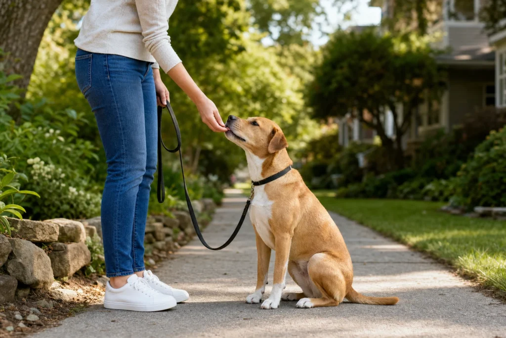 A dog receiving a small reward beside a handler's leg during loose-leash training