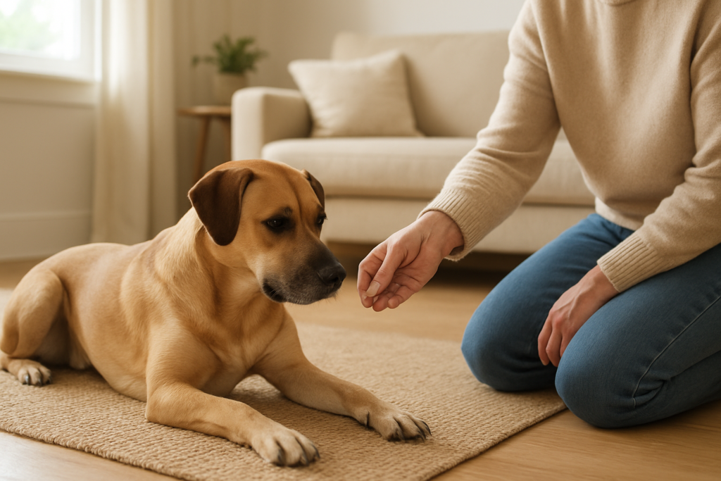 Dog calmly lying on a mat while a person rewards the settle behavior