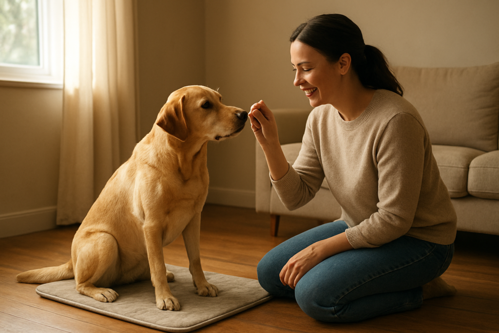 Person rewarding a dog for standing calmly on a training mat
