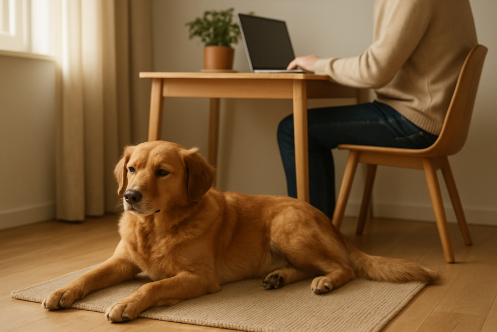 Relaxed dog settling on a mat beside a person working at home