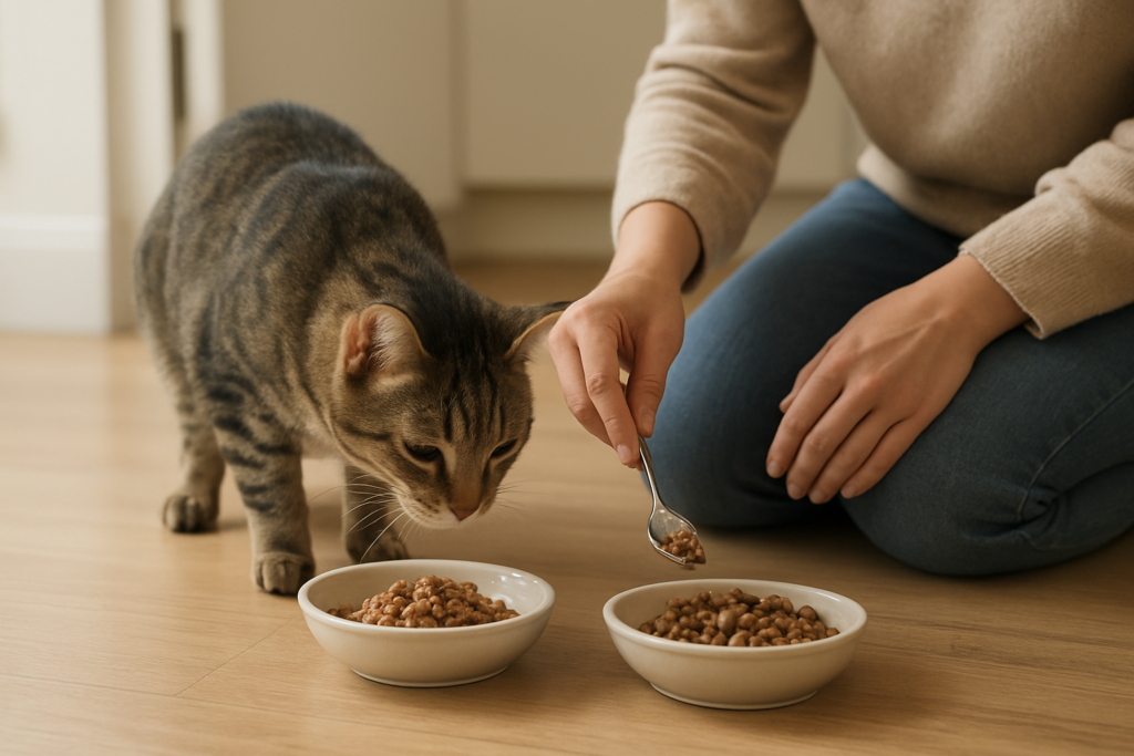 Cat calmly exploring a gradual food transition beside two unbranded bowls in a home kitchen