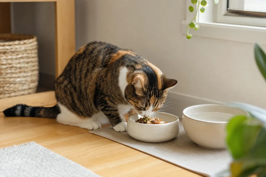 A relaxed cat eating a small mixed meal in a quiet familiar feeding area