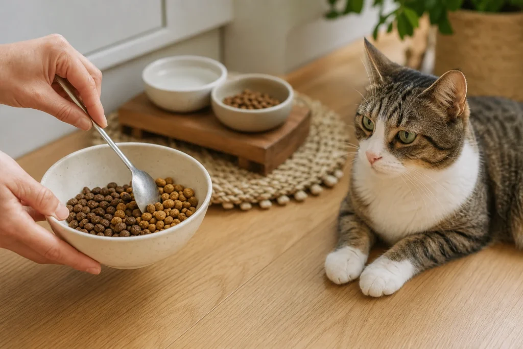 Small measured portions of old and new cat food being combined in a ceramic bowl
