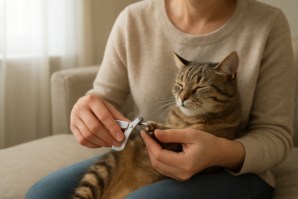 Cat parent gently trims the sharp tip of a relaxed tabby cat’s nail at home