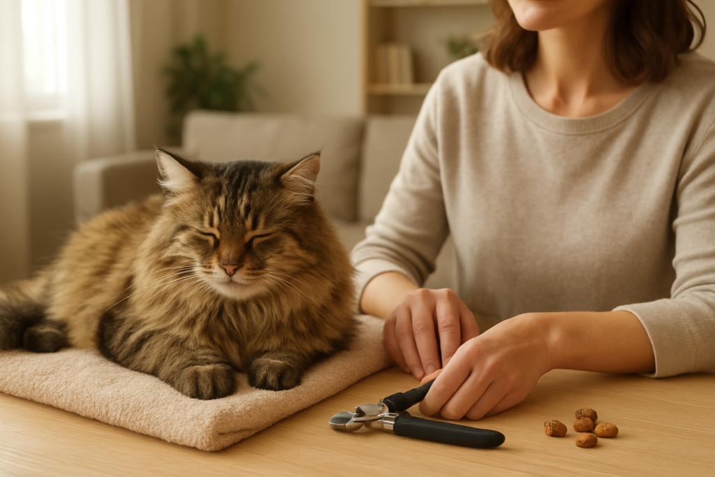 Relaxed cat resting beside unbranded nail clippers and treats before nail trimming
