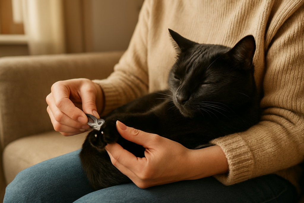 Person gently examines a black cat’s extended claw before a careful trim