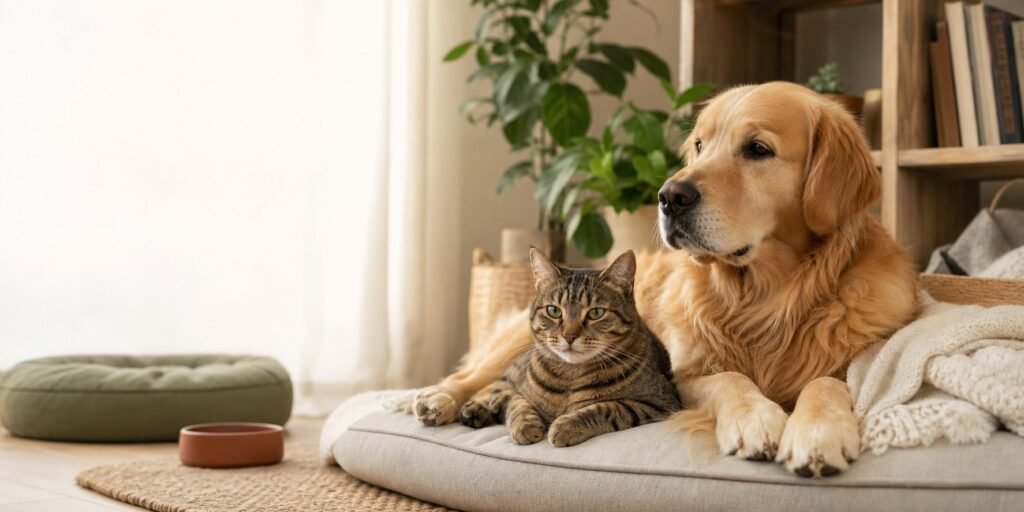 A golden retriever and tabby cat relaxing together in a bright, warm home