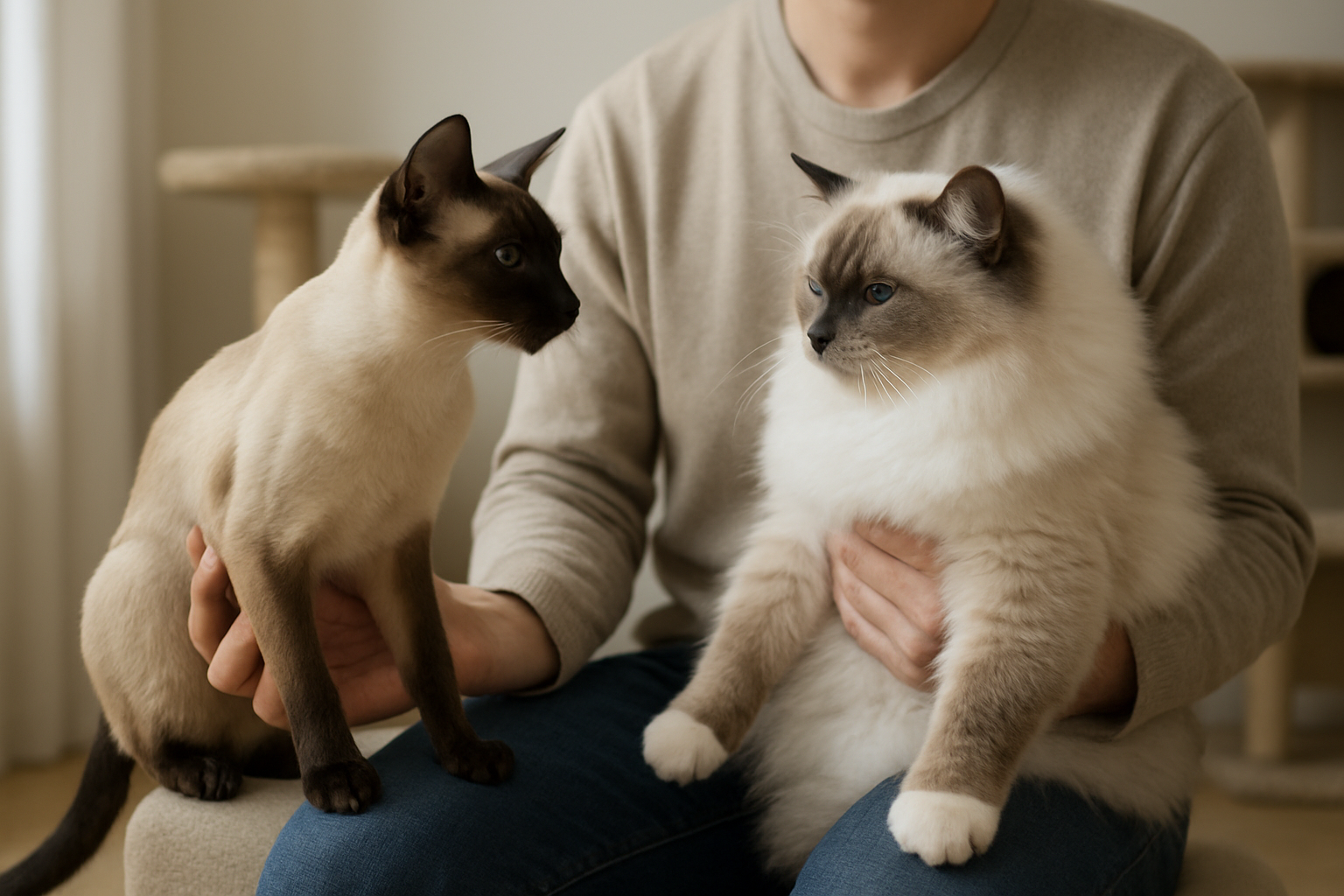 A person comparing a Siamese cat and a Ragdoll cat in a home