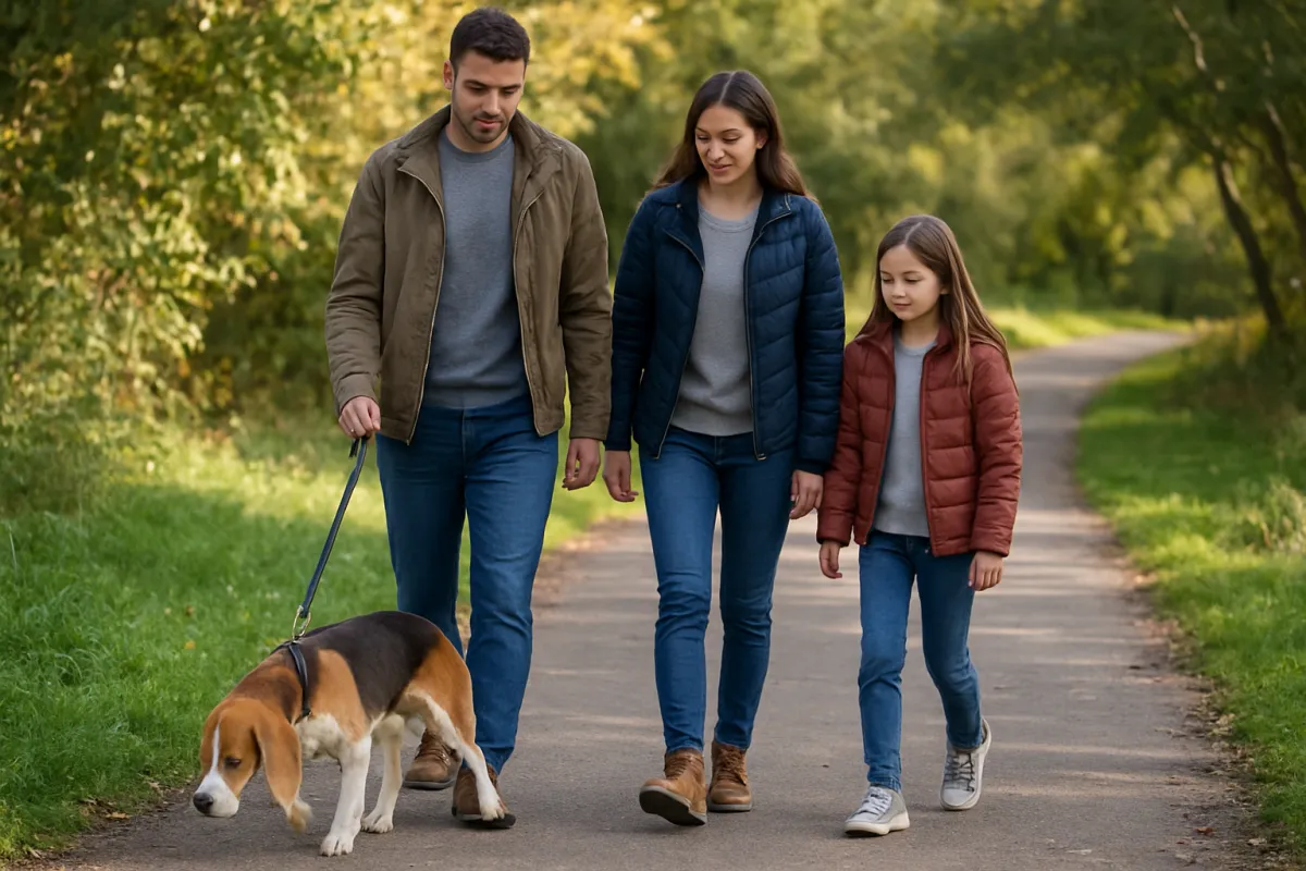 Family walking and supervising a Beagle on a leafy trail
