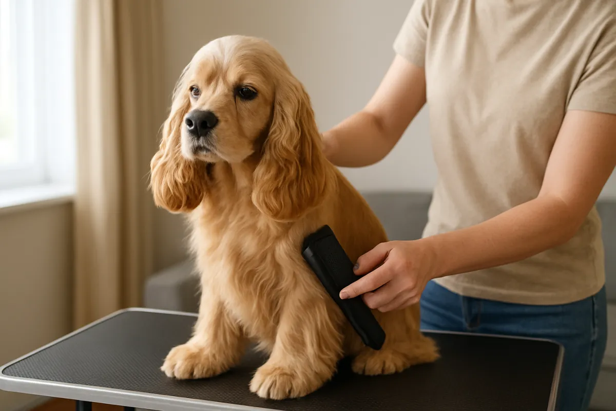 Owner brushing a Cocker Spaniel during routine grooming