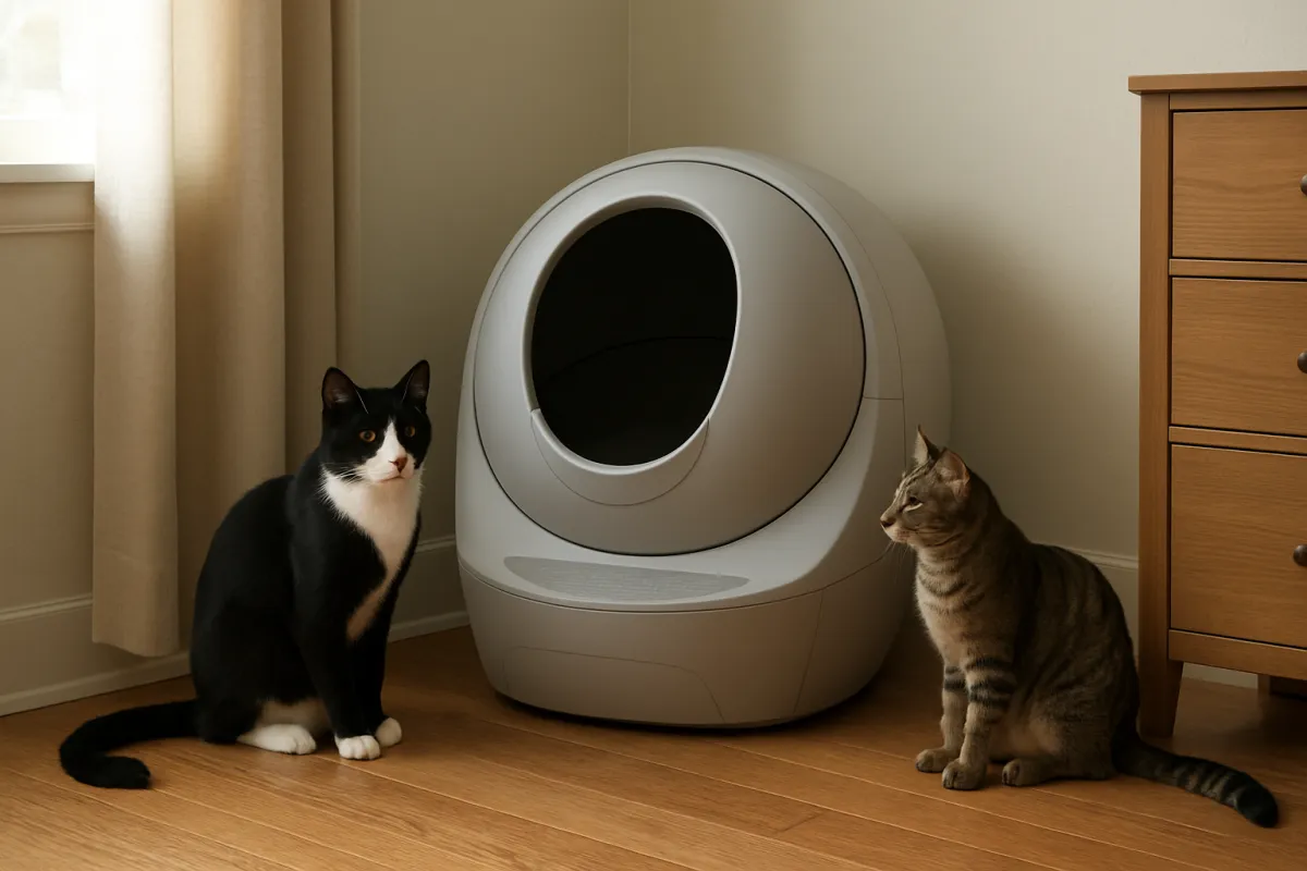 Automatic litter box positioned in a quiet multi-cat home