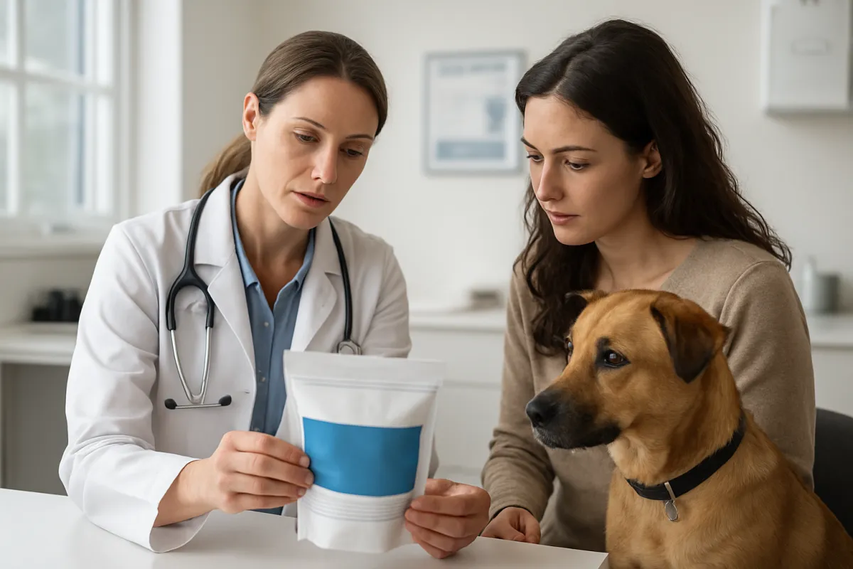 Veterinarian and dog owner reviewing calming treat ingredients