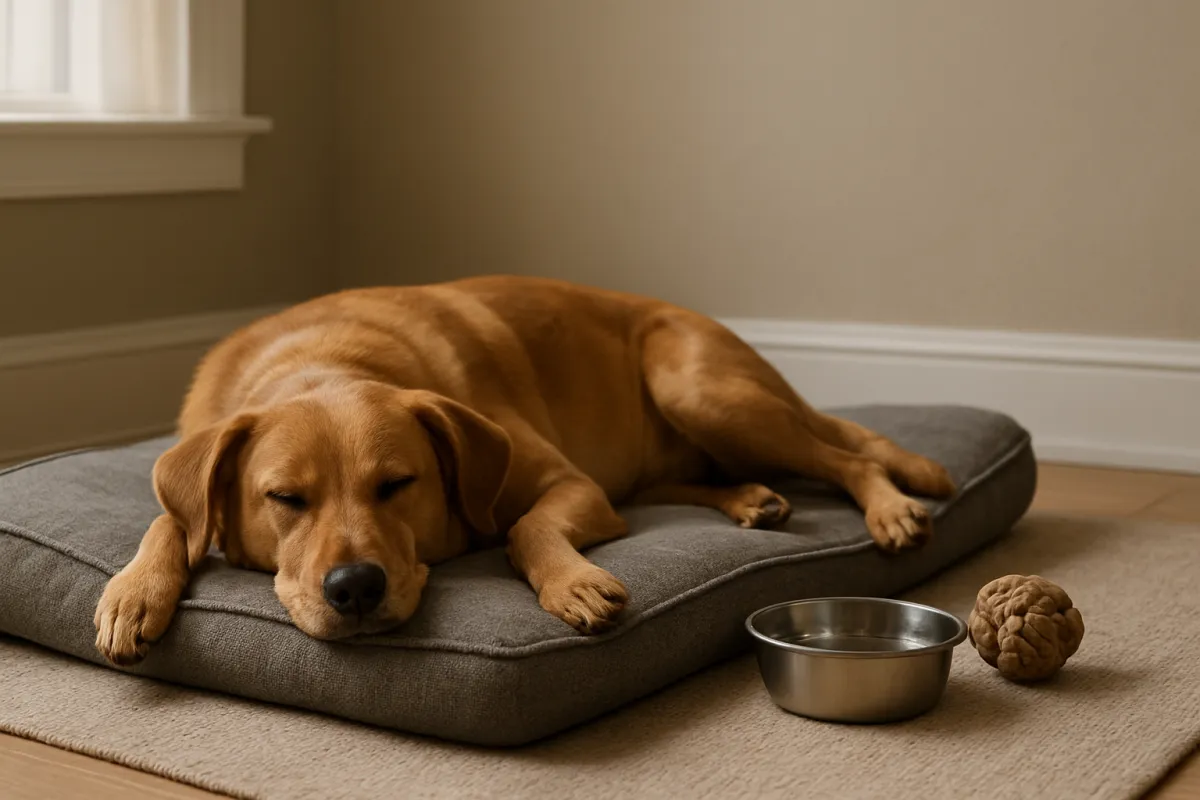Anxious dog relaxing on a mat in a quiet safe space