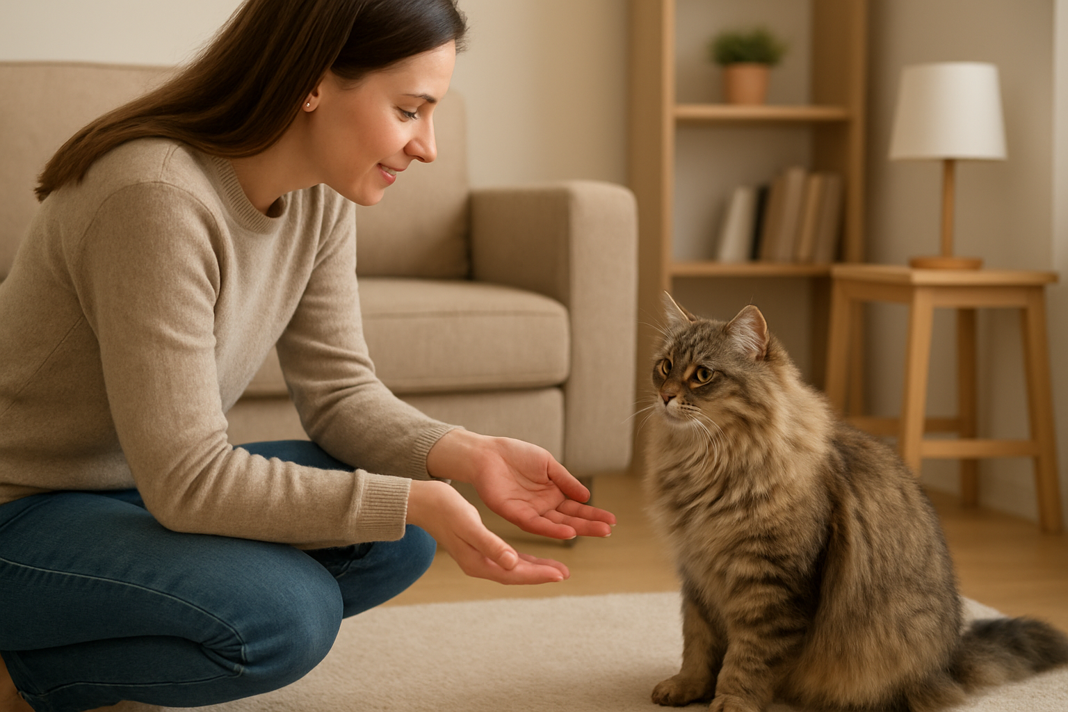 Person meeting a Siberian cat in a home before adoption