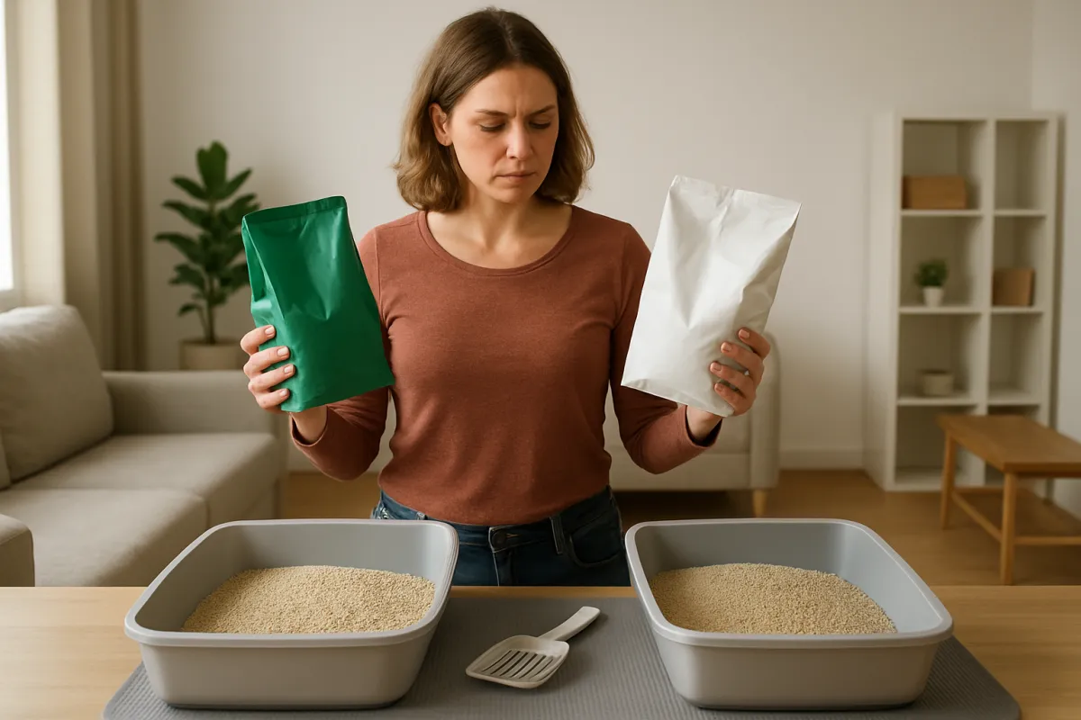 Cat owner comparing litter types in a small apartment