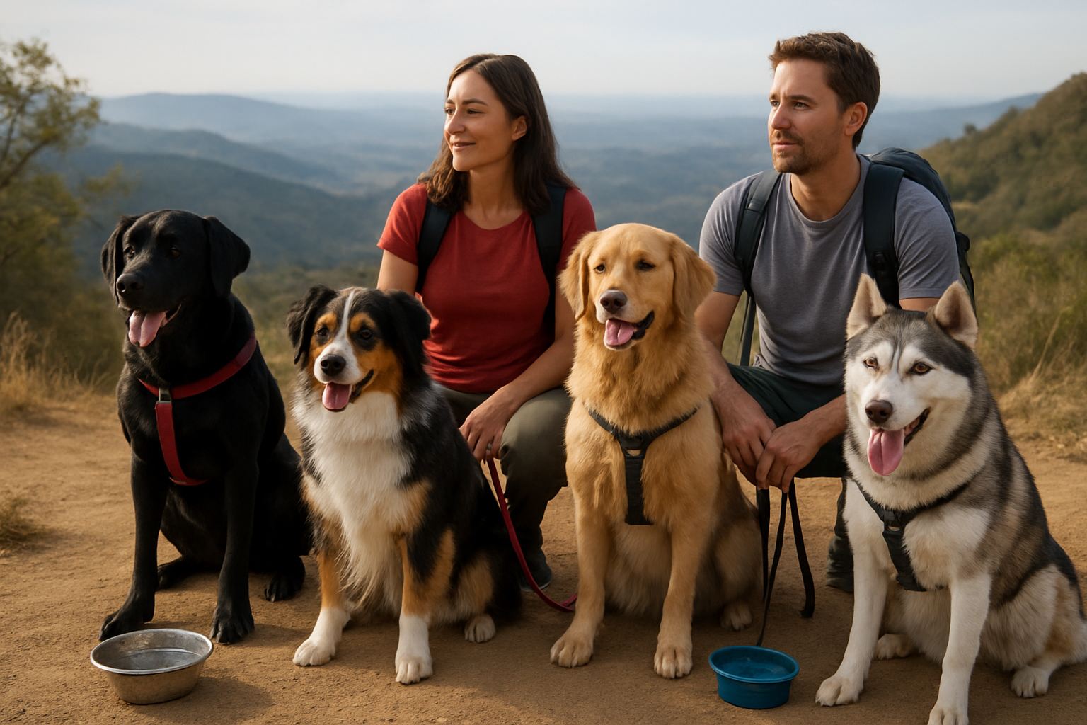 Active dog breeds resting with hikers at a scenic trail overlook