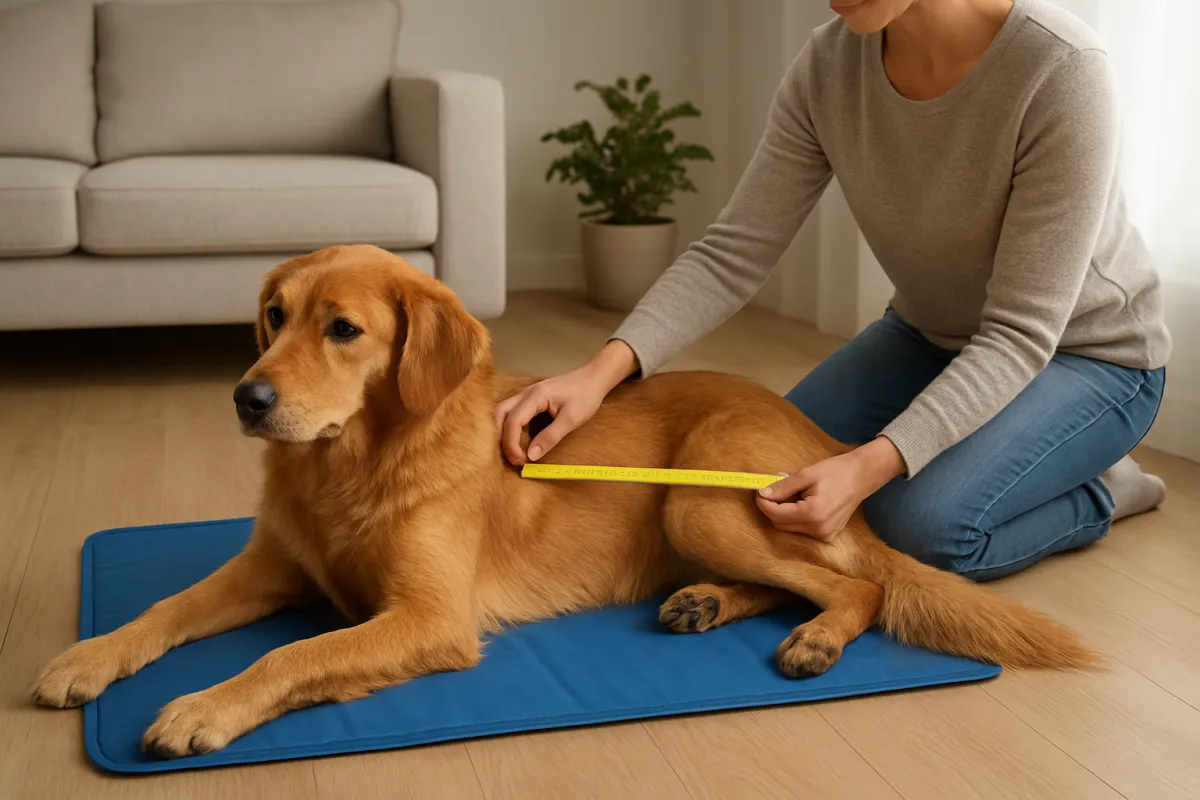 Dog owner measuring a dog before choosing a cooling mat