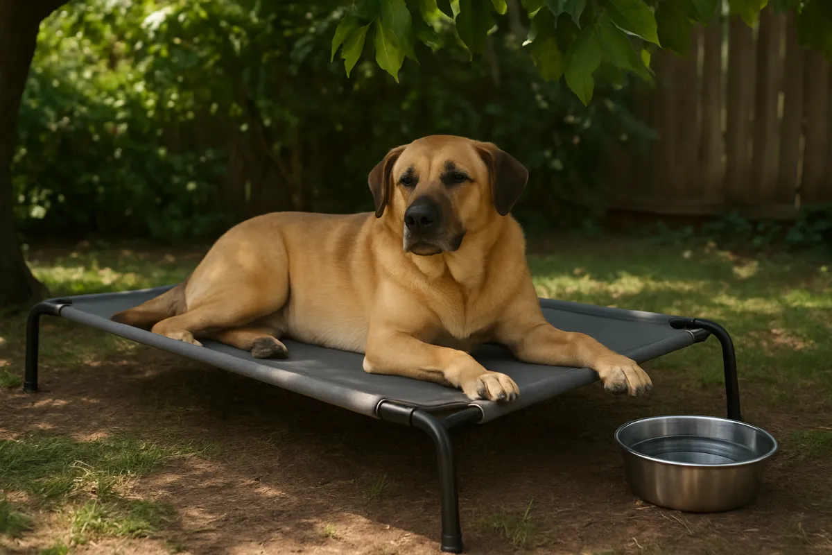 Large dog using an elevated cooling cot in a shaded yard