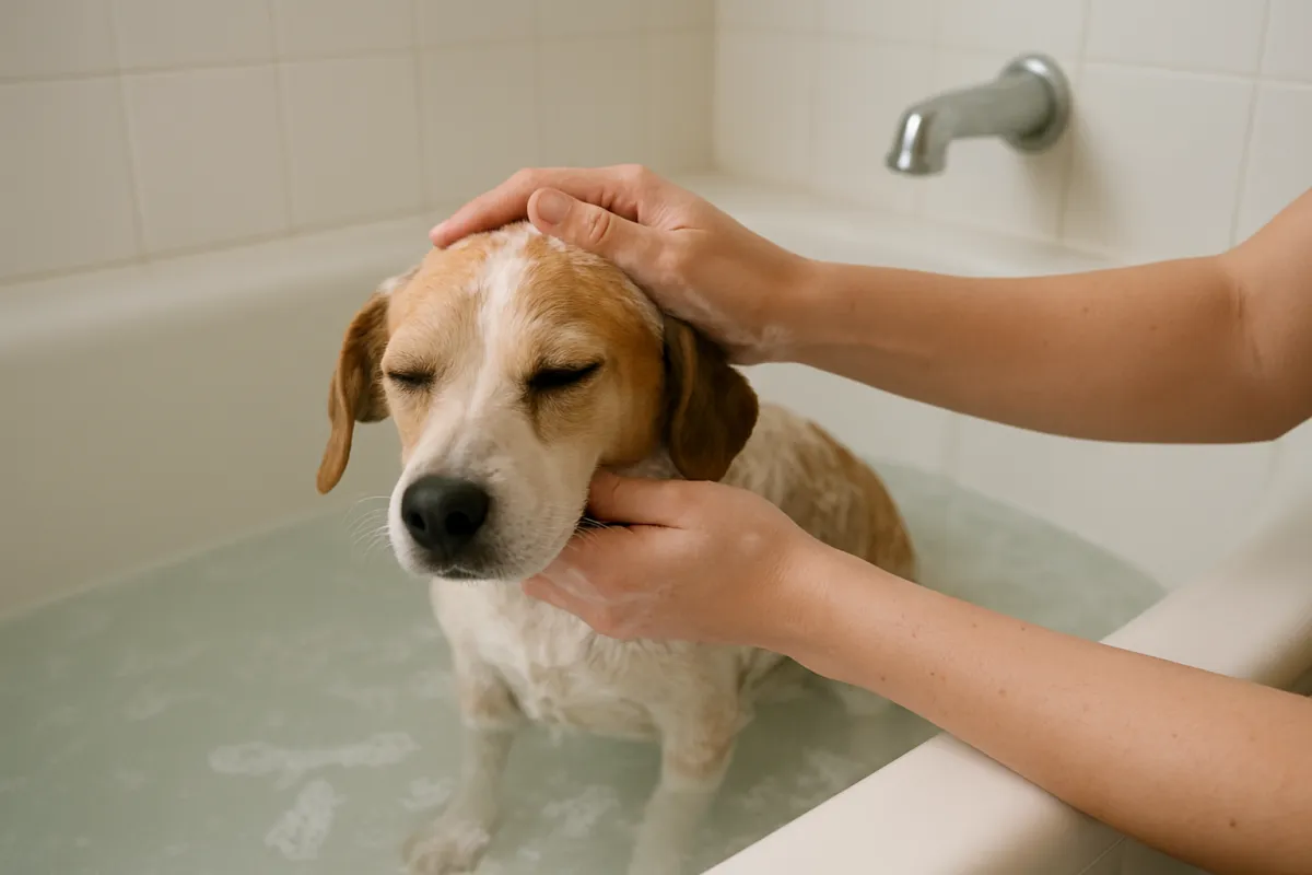 Dog owner gently bathing a small dog in a home bathtub