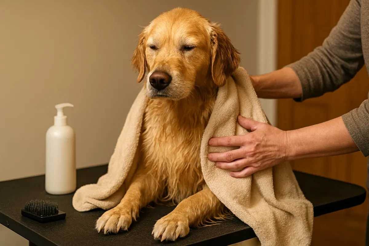 Freshly bathed dog being towel-dried after a gentle wash