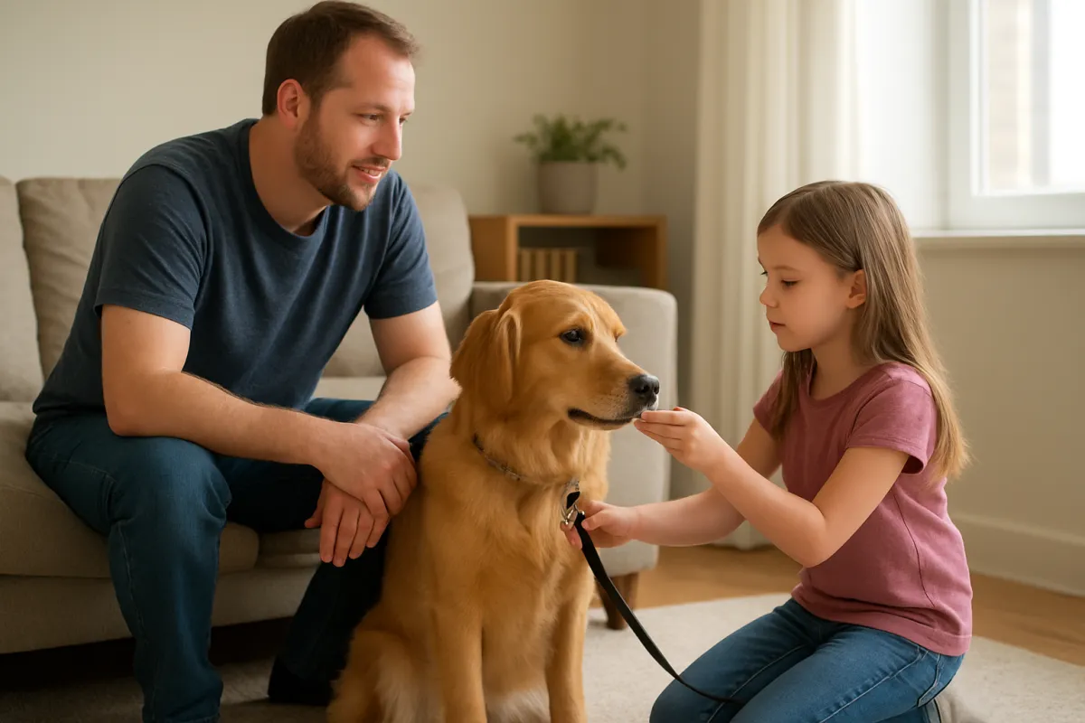 Parent supervising a child during calm family dog training