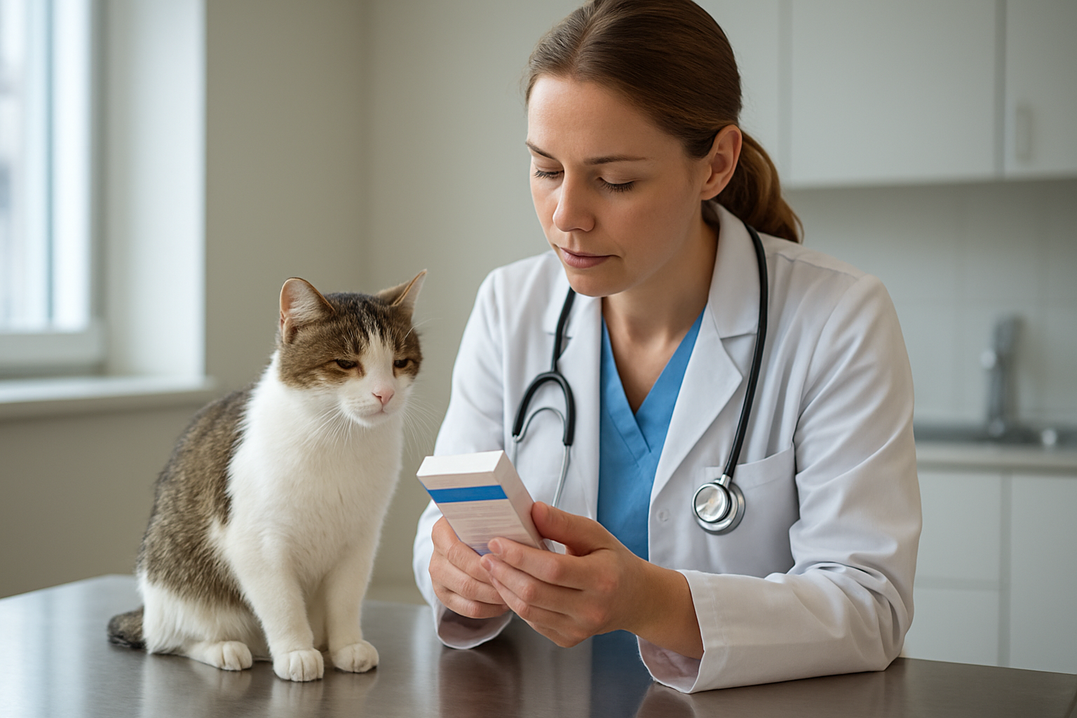 Veterinarian reviewing cat flea and tick prevention guidance with an indoor cat