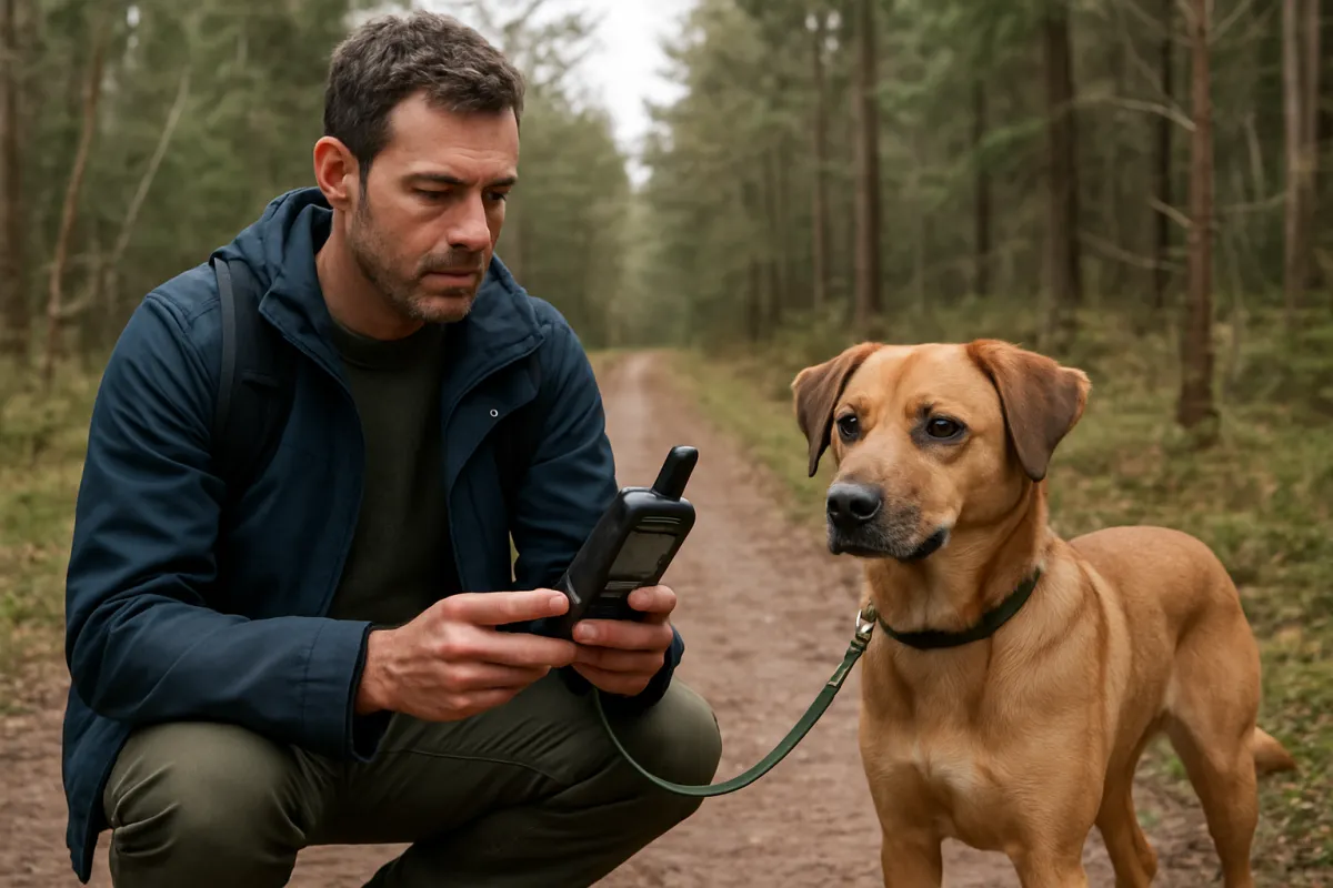 Dog owner using a handheld GPS receiver on a forest walk