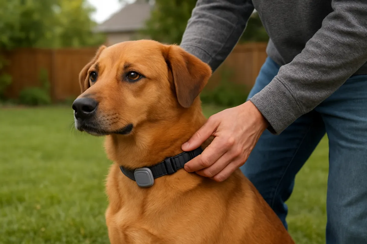 Owner checking a tracking device attached to a dog's collar